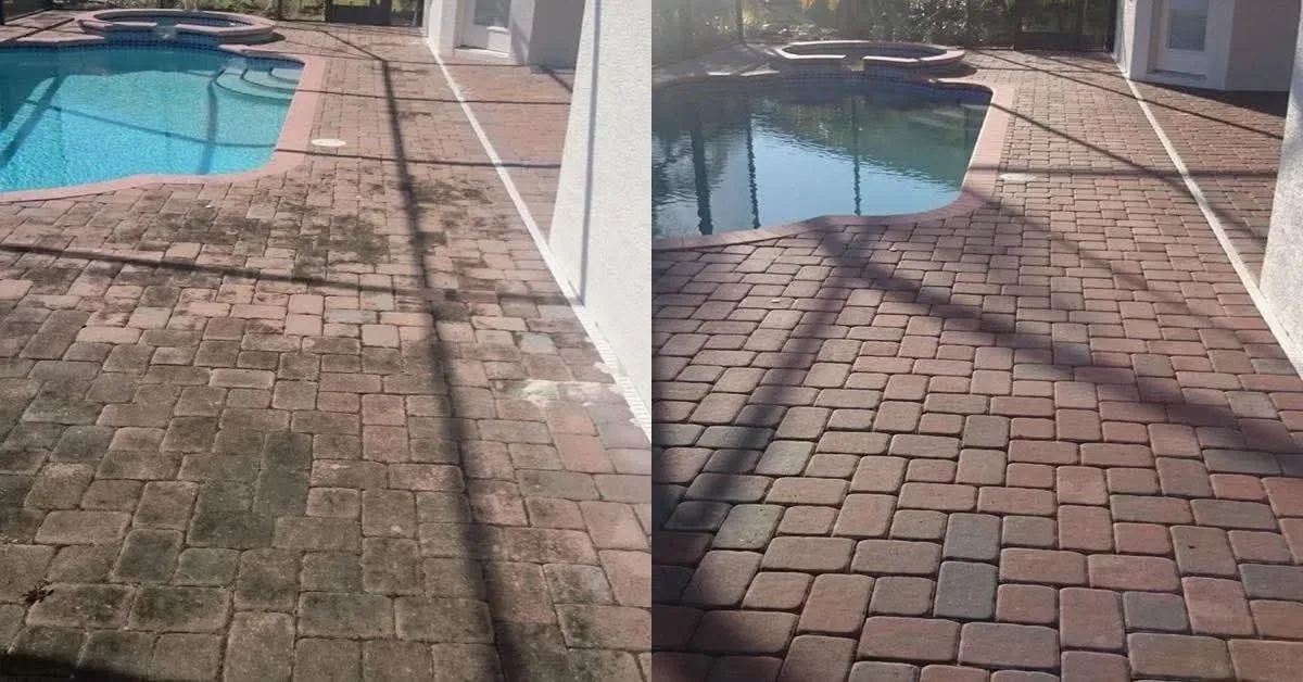 A screened pool deck of brick pavers, dirty on the left half and cleaned on the right