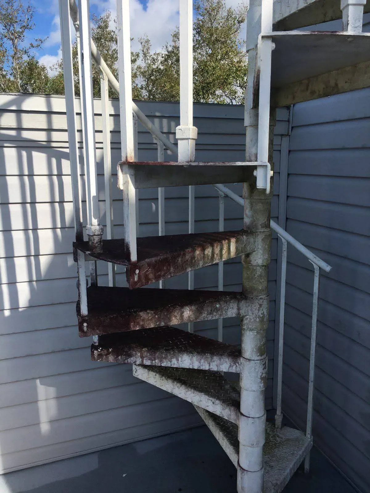 Exterior staircase and landing covered in dark mold growth