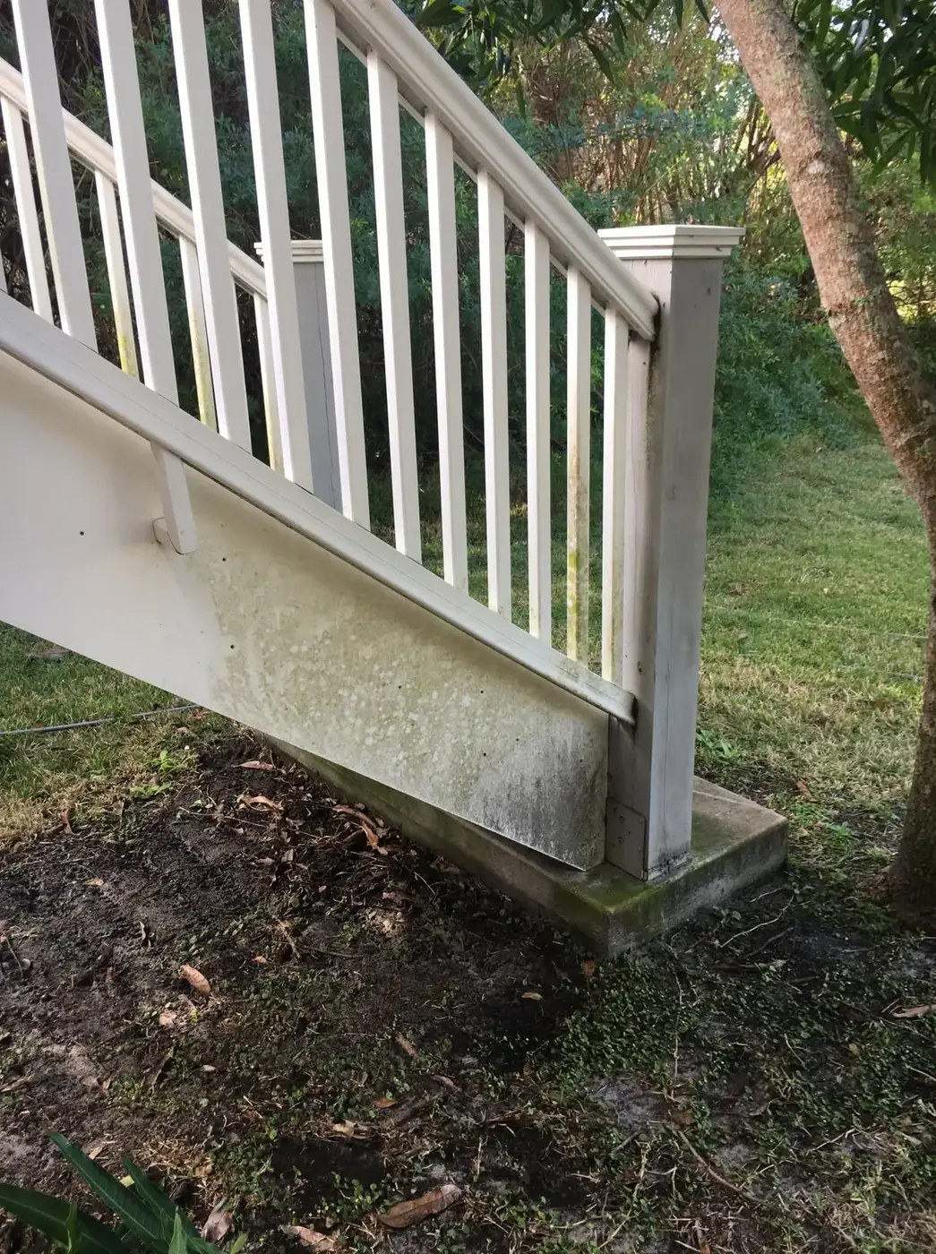 White railing and balusters gone green and grey with algae along the lower rails